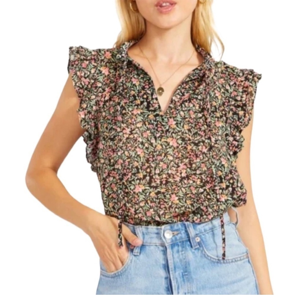 BB Dakota Steve Madden Floral Ruffle Tie Neck Cotton Blouse Black Pink Size XXL